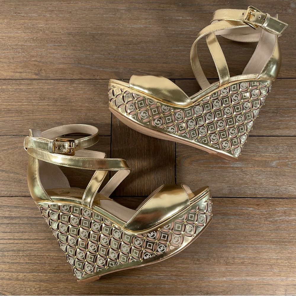 Michael Kors Gabriela Gold Metallic Monogram Platform Wedge Heels